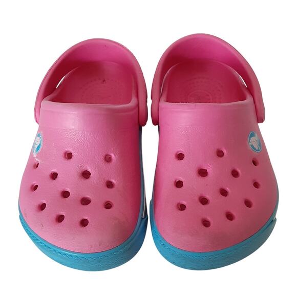 Crocs Crocband Clogs Toddler 4/5 Hot Pink Blue Stripe Retro Water Shoes Summer - Picture 4 of 10